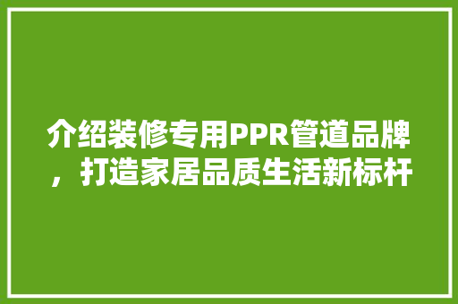 介绍装修专用PPR管道品牌，打造家居品质生活新标杆