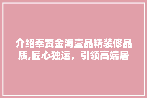 介绍奉贤金海壹品精装修品质,匠心独运，引领高端居住潮流